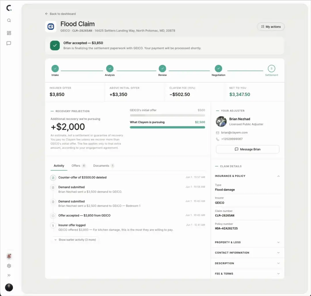 Clayem claim overview dashboard showing offer accepted, activity feed, and adjuster info